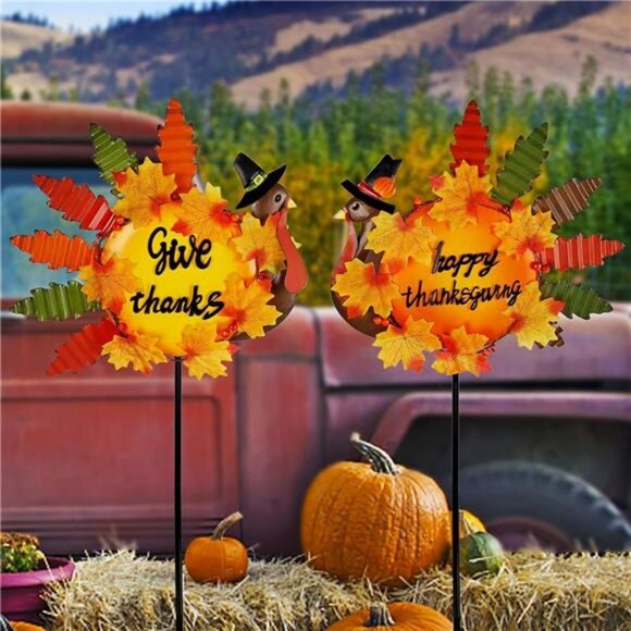 Set of 2 Turkey Garden Stakes Thanksgiving Decor, 36 Inch Metal Fall - Picture 3 of 8